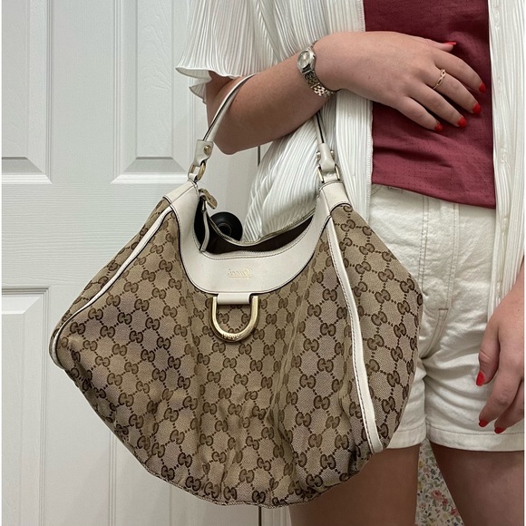 GUCCI Vintage Gg Logo Monogram Handbag Beige White Silver Canvas Leather - Picture 8 of 8